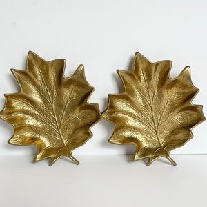 Pair of Heavy Brass Leaves Trinket Snack Tray Brassick-Sacks